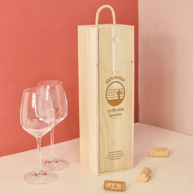 Coffret en Bois avec Bouteille de Vin Pêcheur à Personnaliser