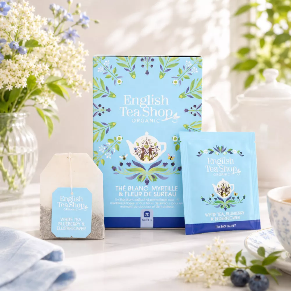 Boîte 20 Sachets Thé Blanc Myrtille et Fleurs de Sureau Boîte 20 Sachets Thé Blanc Myrtille et Fleurs de Sureau
