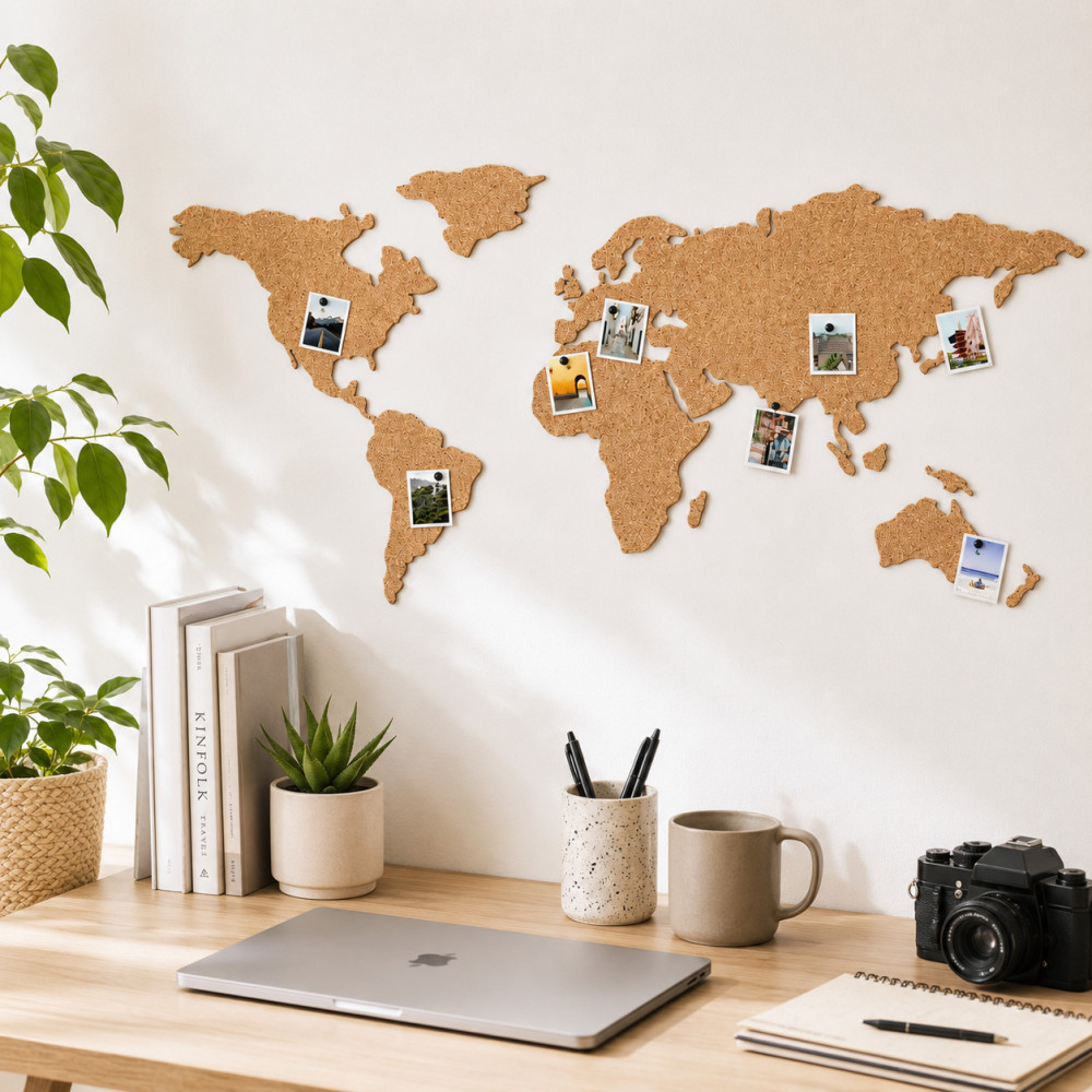 Carte du monde murale decoupee en liege avec punaises pour marquer les destinations
