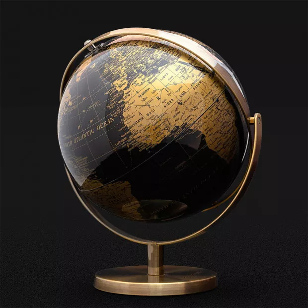 Globe Terrestre Noir et Doré cadre à double axe tournant 