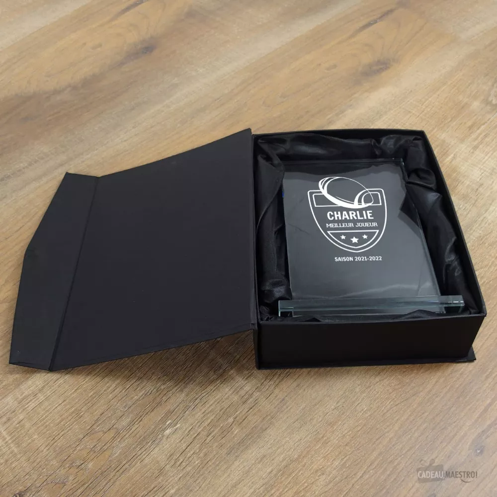 Trophée en Verre Rugby à Personnaliser boité en écrin pour trophée